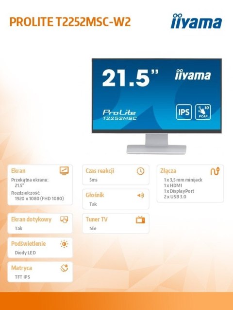 Monitor 22 cale T2252MSC-W2 10 PKT. POJ,IPS,HDMI,DP,2x1W,7H Monitor 22 cale T2252MSC-W2 10 PKT. POJ,IPS,HDMI,DP,2x1W,7H