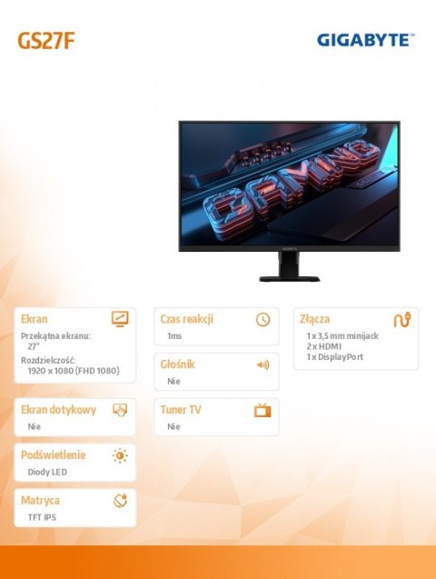 Monitor 27 cali AORUS GS27F 1ms/12MLN:1/GAMING/HDMI Monitor 27 cali AORUS GS27F 1ms/12MLN:1/GAMING/HDMI