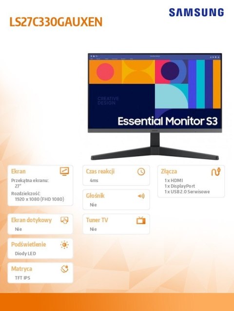 Monitor 27 cali LS27C330GAUXEN IPS 1920x1080 FHD 16:9 1xHDMI 1xDP 4ms(GT) 100Hz płaski 2 lata d2d Monitor 27 cali LS27C330GAUXEN IPS 1920x1080 FHD 16:9 1xHDMI 1xDP 4ms(GT) 100Hz płaski 2 lata d2d