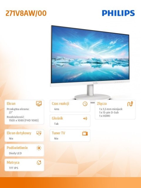 Monitor 271V8AW 27 cali IPS HDMI Głośniki Biały Monitor 271V8AW 27 cali IPS HDMI Głośniki Biały