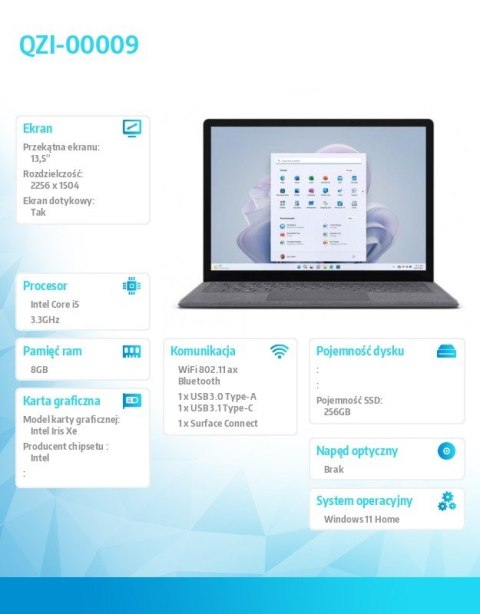 Notebook Surface Laptop 5 13,5/256/i5/8 Platinum QZI-00009 PL Notebook Surface Laptop 5 13,5/256/i5/8 Platinum QZI-00009 PL