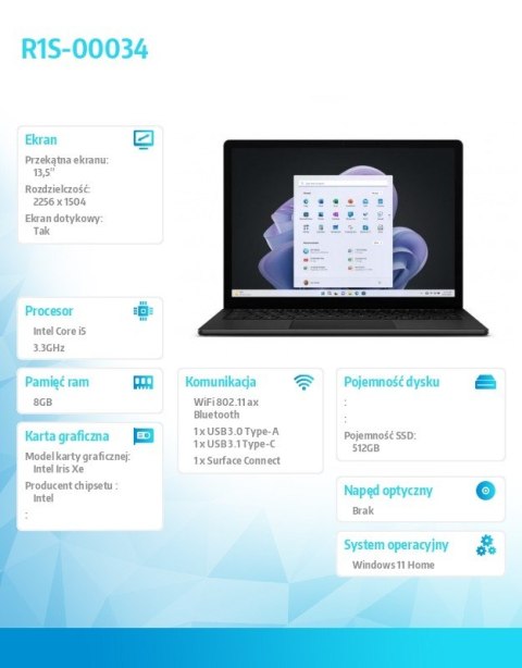 Notebook Surface Laptop 5 13,5/512/i5/8 Black R1S-00034 PL Notebook Surface Laptop 5 13,5/512/i5/8 Black R1S-00034 PL