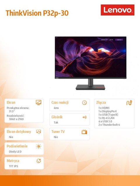 Monitor 31.5 cala ThinkVision P32p-30 WLED LCD 63D1RAT1EU Monitor 31.5 cala ThinkVision P32p-30 WLED LCD 63D1RAT1EU