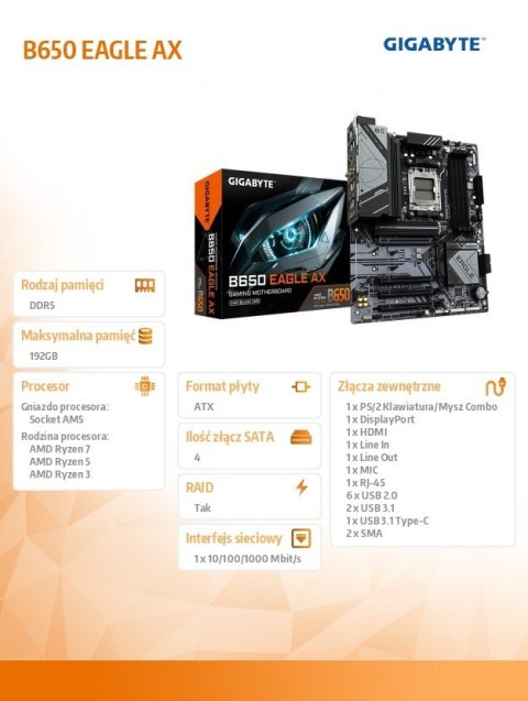 Płyta główna B650 EAGLE AX AM5 4DDR5 HDMI/DP ATX Płyta główna B650 EAGLE AX AM5 4DDR5 HDMI/DP ATX