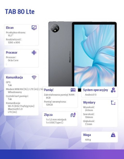Tablet TAB 80 LTE 8/128GB 7680 mAh 10,1 cala szary Tablet TAB 80 LTE 8/128GB 7680 mAh 10,1 cala szary