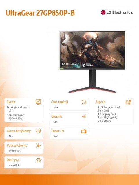 Monitor 27GP850P-B 27 cali IPS UltraGear QHD 165Hz 1ms Monitor 27GP850P-B 27 cali IPS UltraGear QHD 165Hz 1ms
