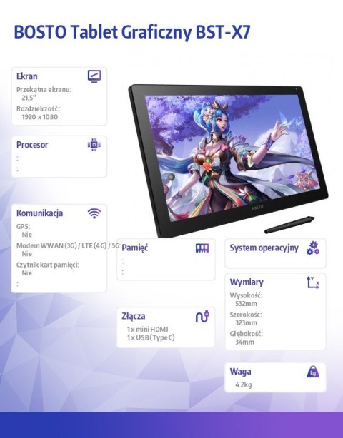 Tablet graficzny BST-X7 1920x1080 Windows macOS 21.5 cala Tablet graficzny BST-X7 1920x1080 Windows macOS 21.5 cala