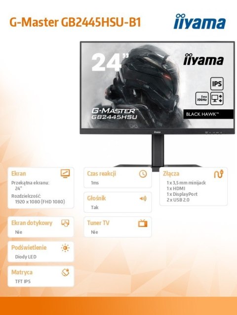 Monitor G-Master 23.8 cala GB2445HSU-B1 IPS,FHD,100Hz,1ms,2xUSB,HDMI,DP,2x2W, FreeSync,HAS(150mm) Monitor G-Master 23.8 cala GB2445HSU-B1 IPS,FHD,100Hz,1ms,2xUSB,HDMI,DP,2x2W, FreeSync,HAS(150mm)