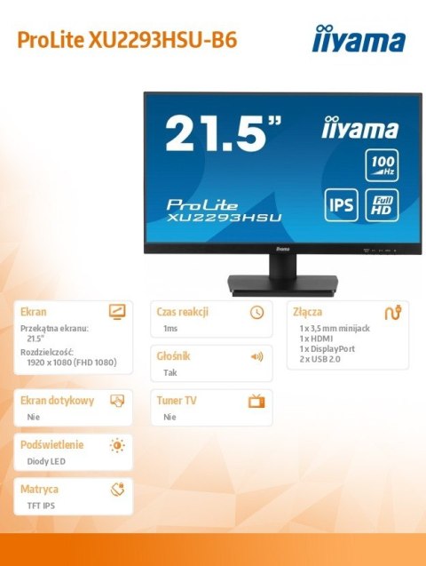 Monitor ProLite XU2293HSU-B6 21.5 cala IPS,100Hz,FHD,1ms,HDMI,DP,2xUSB,2x2W, FreeSync Monitor ProLite XU2293HSU-B6 21.5 cala IPS,100Hz,FHD,1ms,HDMI,DP,2xUSB,2x2W, FreeSync