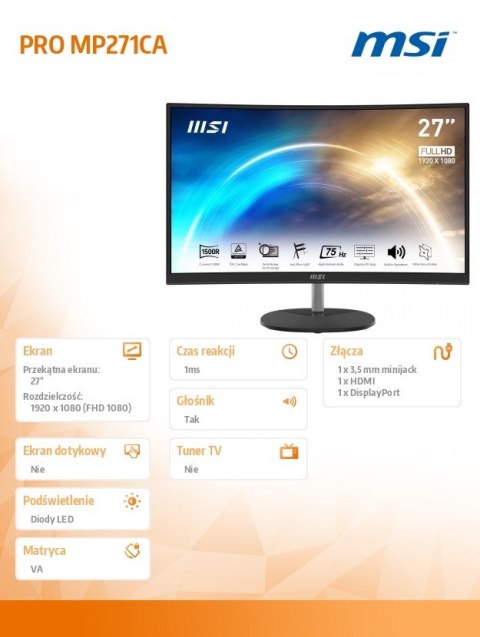 Monitor PRO MP271CA 27 cali FHD/75Hz/1ms/Zakrzywiony Monitor PRO MP271CA 27 cali FHD/75Hz/1ms/Zakrzywiony