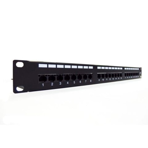 Patch panel 19" 24 porty, kat.6, U/UTP, 1U, wspornik kablowy, czarny (kompletny) Patch panel 19" 24 porty, kat.6, U/UTP, 1U, wspornik kablowy, czarny (kompletny)